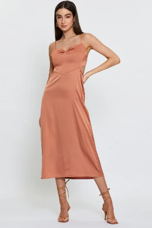 Midi dresses with embroidered accents for a unique and detailed design Brown Midi Dress Cowl Neck Satin