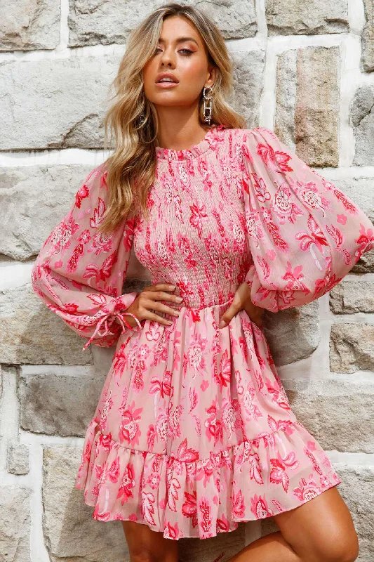Mini dresses with high - low hems for a modern twist Marja Long Balloon Sleeve Shirred Dress Floral Print Pink Mini dresses with high - low hems for a modern twist Marja Long Balloon Sleeve Shirred Dress Floral Print Pink