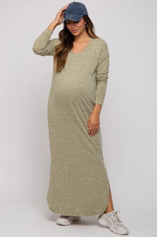 Plus size maternity dress for curvy moms - to - be Light Olive Heathered Pocketed Long Sleeve Maternity Maxi Dress Plus size maternity dress for curvy moms - to - be Light Olive Heathered Pocketed Long Sleeve Maternity Maxi Dress