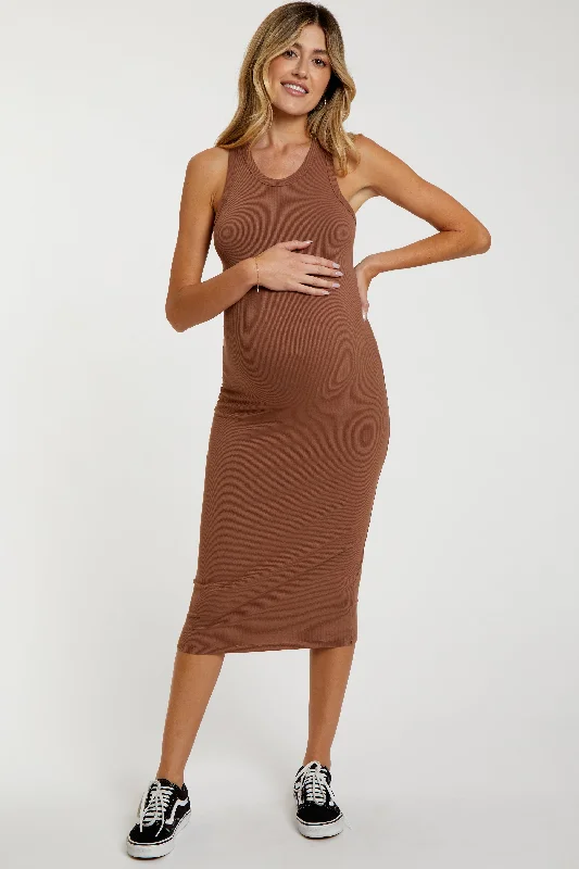 Maternity dress for a baby's first visit to the water garden Mocha Sleeveless Ribbed Fitted Maternity Midi Dress Maternity dress for a baby's first visit to the water garden Mocha Sleeveless Ribbed Fitted Maternity Midi Dress
