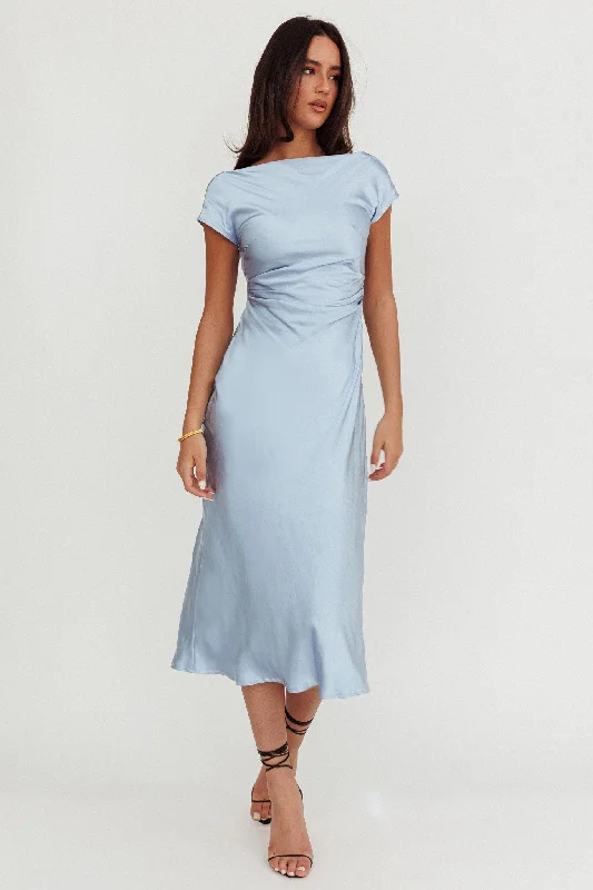 Midi dresses with side slits for a sexy and elegant appearance Loveland Cap Sleeve Cowl Back Midi Dress Baby Blue