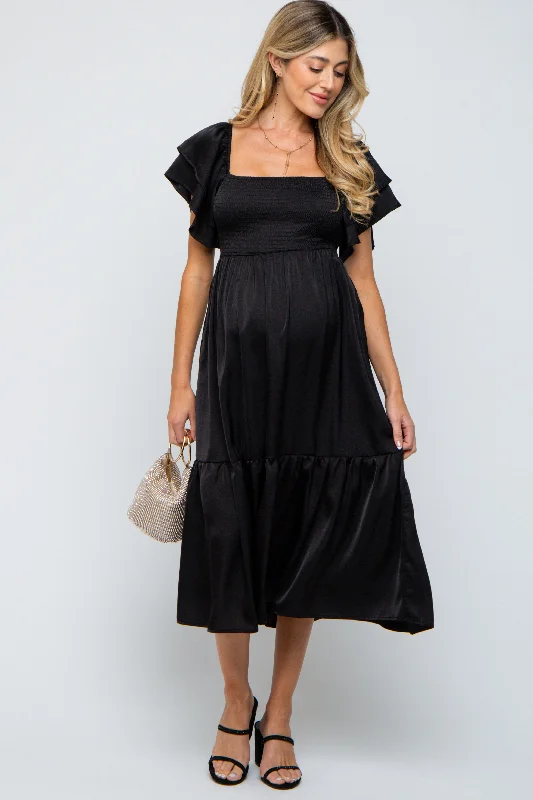 Maternity dress for a baby's first visit to the theater Black Satin Flutter Sleeve Maternity Midi Dress Maternity dress for a baby's first visit to the theater Black Satin Flutter Sleeve Maternity Midi Dress