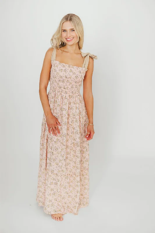 Midi dresses with cold - shoulder cutouts for a trendy style Cora Smocked Bow Tie Strap Maxi Dress in Blush Midi dresses with cold - shoulder cutouts for a trendy style Cora Smocked Bow Tie Strap Maxi Dress in Blush