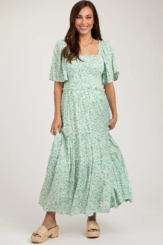 Maternity dress for a gender reveal party Green Floral Smocked Tiered Maternity Maxi Dress Maternity dress for a gender reveal party Green Floral Smocked Tiered Maternity Maxi Dress