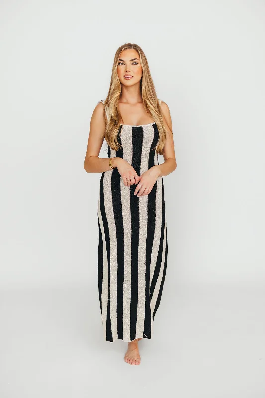 Midi dresses with puff sleeves for a vintage - inspired look Gianna Striped Sweater Maxi Dress in Oatmeal/Black Midi dresses with puff sleeves for a vintage - inspired look Gianna Striped Sweater Maxi Dress in Oatmeal/Black