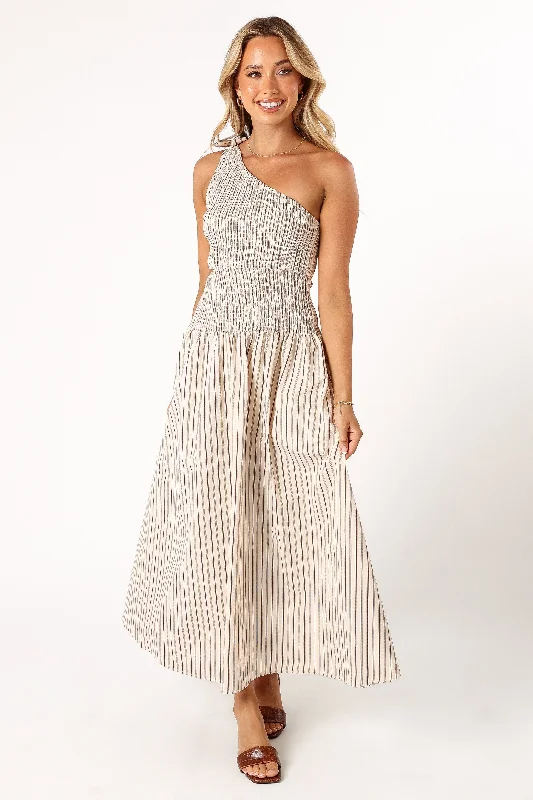 Midi dresses with polka dot prints for a playful summer outfit Jordana One Shoulder Midi Dress - Brown Stripe Midi dresses with polka dot prints for a playful summer outfit Jordana One Shoulder Midi Dress - Brown Stripe