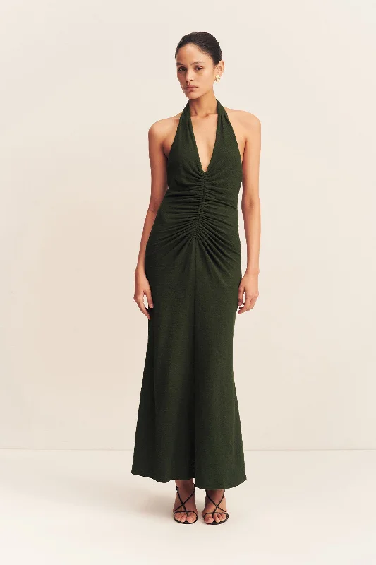 Maxi - inspired midi dresses with flowing fabrics for a beachy vibe BEAU HALTER RUCHED MIDI DRESS - ARMY GREEN Maxi - inspired midi dresses with flowing fabrics for a beachy vibe BEAU HALTER RUCHED MIDI DRESS - ARMY GREEN