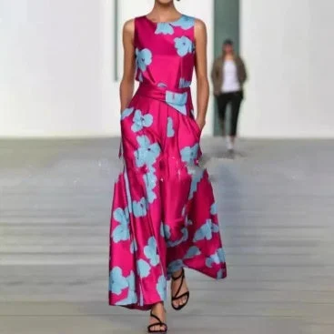  Rose Red Round Neck Swing Long Dress
