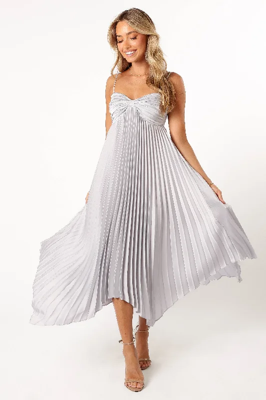 Midi dresses with ruched sleeves for a more fitted and stylish arm look Vikki Dress - Silver Midi dresses with ruched sleeves for a more fitted and stylish arm look Vikki Dress - Silver