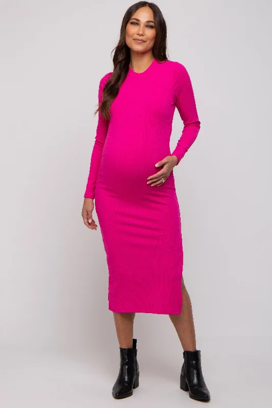 Maternity dress for a baby's first visit to the planetarium Fuchsia Ribbed Mock Neck Long Sleeve Maternity Midi Dress Maternity dress for a baby's first visit to the planetarium Fuchsia Ribbed Mock Neck Long Sleeve Maternity Midi Dress
