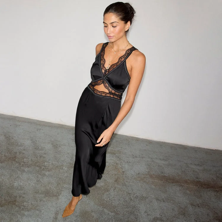 Midi dresses with cold - shoulder cutouts for a trendy style Black Mimi Dress With Stud Trim Midi dresses with cold - shoulder cutouts for a trendy style Black Mimi Dress With Stud Trim