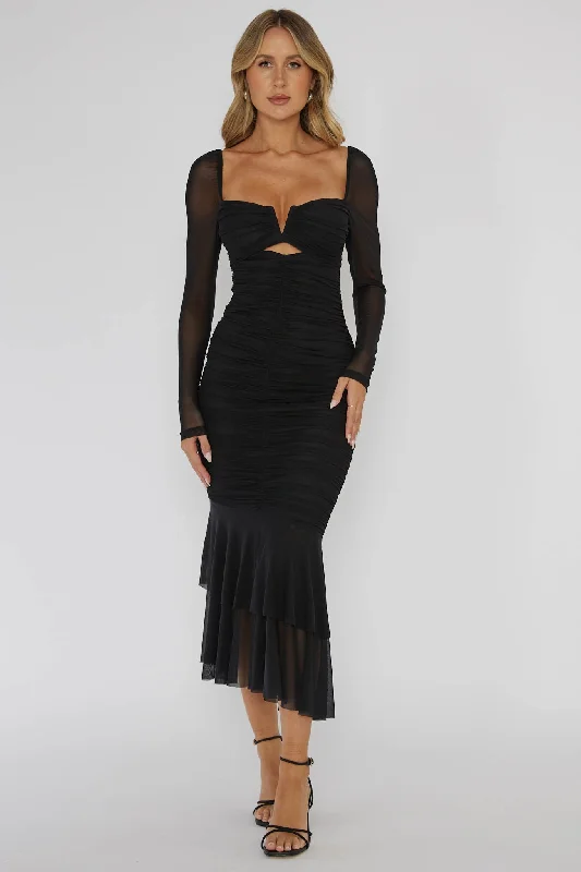 Midi dresses with off - the - shoulder necklines for a flirty look Nadia Long Sleeve Fishtail Midi Dress Black