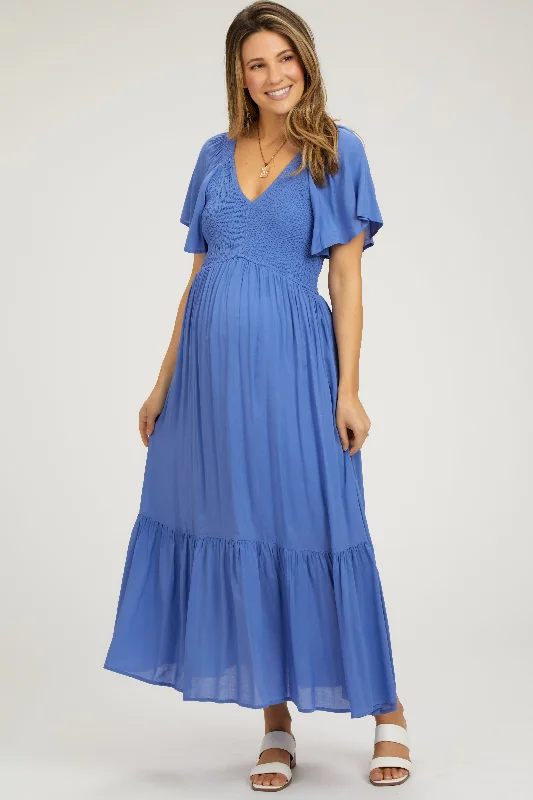 Maternity dress for a baby's first visit to the meditation garden Blue Smocked Flutter Sleeve Maternity Midi Dress Maternity dress for a baby's first visit to the meditation garden Blue Smocked Flutter Sleeve Maternity Midi Dress