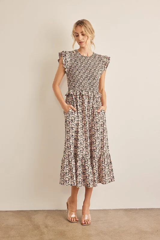  Floral Smocked Ruffled Midi Dress