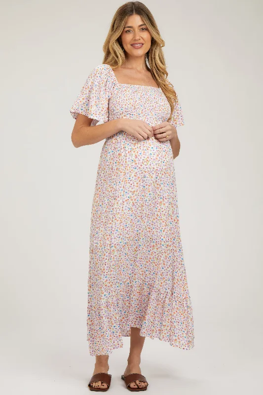 Maternity dress for maternity yoga classes Ivory Floral Smocked Maternity Maxi Dress Maternity dress for maternity yoga classes Ivory Floral Smocked Maternity Maxi Dress