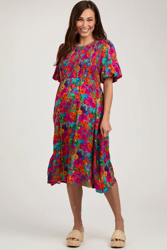 Maternity dress for a baby's naming ceremony Fuchsia Multi-Color Floral Smocked Puff Sleeve Maternity Dress Maternity dress for a baby's naming ceremony Fuchsia Multi-Color Floral Smocked Puff Sleeve Maternity Dress