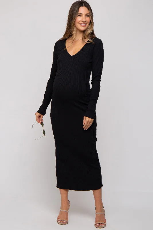 Maternity dress for a baby's first visit to the winery Black Ribbed Long Sleeve Maternity Maxi Dress Maternity dress for a baby's first visit to the winery Black Ribbed Long Sleeve Maternity Maxi Dress