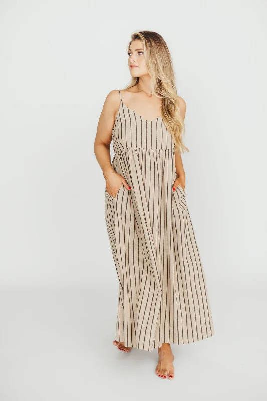 Midi dresses with cotton - blend materials for everyday comfort Carley Cotton & Linen Maxi Dress in Beige/Charcoal Stripe Midi dresses with cotton - blend materials for everyday comfort Carley Cotton & Linen Maxi Dress in Beige/Charcoal Stripe