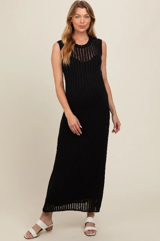 Maternity dress for a coastal vacation Black Sheer Knit Layered Maternity Maxi Dress Maternity dress for a coastal vacation Black Sheer Knit Layered Maternity Maxi Dress