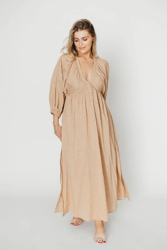 Plaid midi dresses for a fall - themed family gathering Finn V-Neck Midi Dress in Taupe