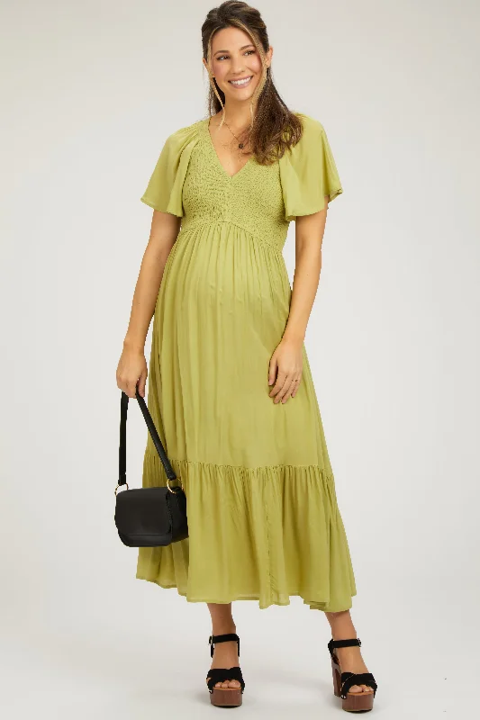A - line maternity dress for a flattering fit Green Smocked Flutter Sleeve Maternity Midi Dress A - line maternity dress for a flattering fit Green Smocked Flutter Sleeve Maternity Midi Dress