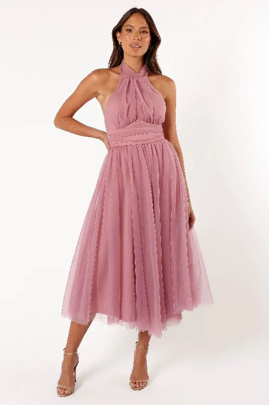 Midi dresses with satin - finish fabrics for a luxurious feel Aletta Halterneck Midi Dress - Pink Midi dresses with satin - finish fabrics for a luxurious feel Aletta Halterneck Midi Dress - Pink