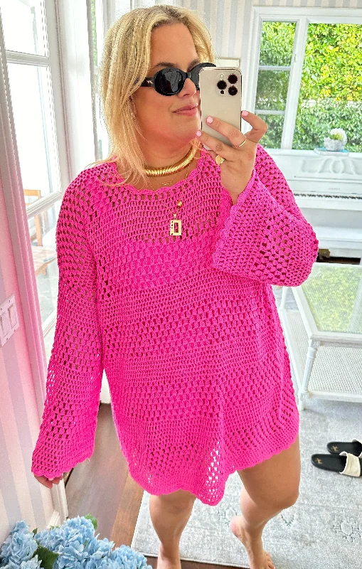 Mini dresses with off - the - shoulder styles Paula Pullover ~ Hot Pink Crochet