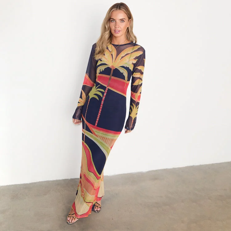 Midi dresses with cotton - blend materials for everyday comfort Blue Palm Mesh Dress Midi dresses with cotton - blend materials for everyday comfort Blue Palm Mesh Dress