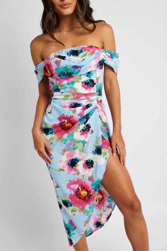 Midi dresses with belted waists to accentuate the figure Blue Floral Midi Dress Bardot Sleeve Draped Blue Floral