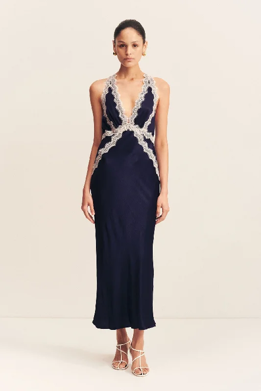 Midi dresses with printed lining for a hidden and stylish detail CAMILLE LACE CROSS BACK MIDI DRESS - DEEP MIDNIGHT/IVORY Midi dresses with printed lining for a hidden and stylish detail CAMILLE LACE CROSS BACK MIDI DRESS - DEEP MIDNIGHT/IVORY