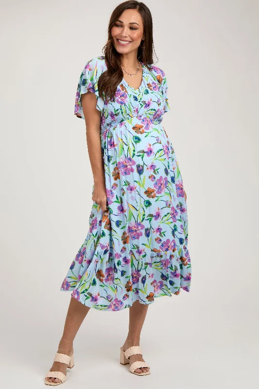 Maternity dress for a garden party Light Blue Floral Flutter Sleeve Smocked Maternity Midi Dress Maternity dress for a garden party Light Blue Floral Flutter Sleeve Smocked Maternity Midi Dress