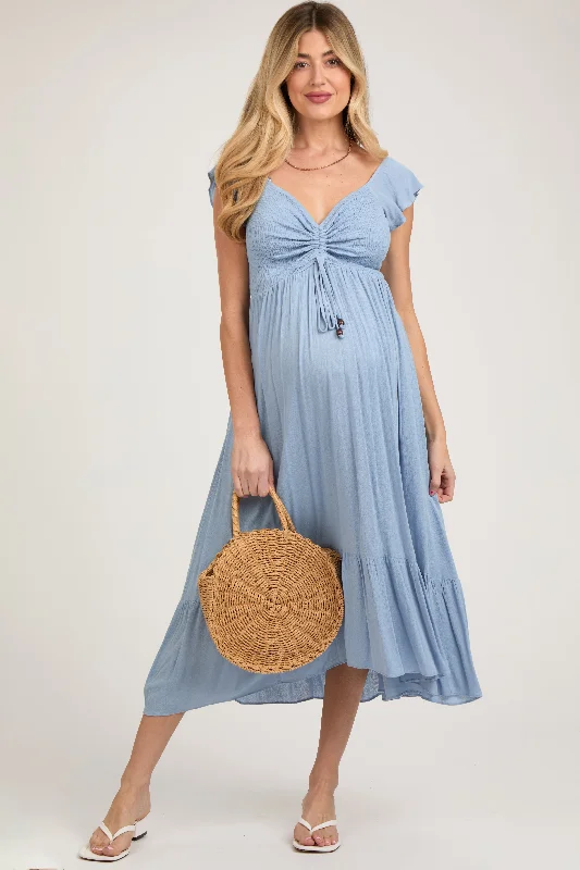Nursing friendly maternity dress for breastfeeding Light Blue Smocked Ruched Ruffle Hem Maternity Maxi Dress Nursing friendly maternity dress for breastfeeding Light Blue Smocked Ruched Ruffle Hem Maternity Maxi Dress