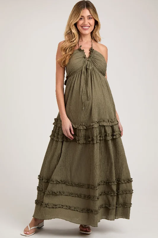 Maternity dress for a baby's first visit to the theater Olive Ruffle Ruched Deep V-Neck Maternity Maxi Dress Maternity dress for a baby's first visit to the theater Olive Ruffle Ruched Deep V-Neck Maternity Maxi Dress