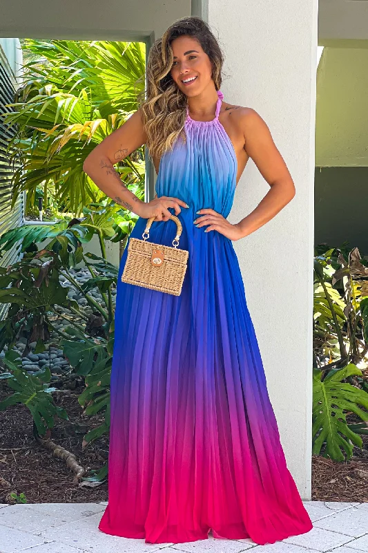 Pink And Purple Halter Neck Maxi Dress
