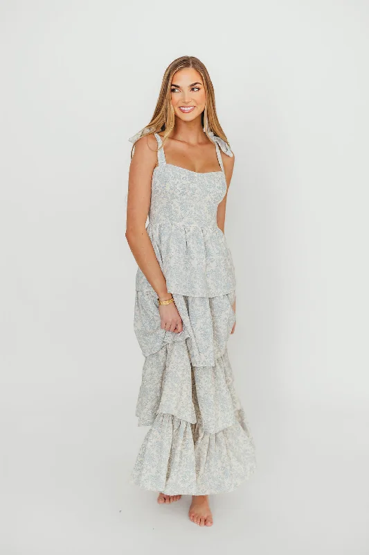 Midi dresses with satin - finish fabrics for a luxurious feel Bailey Ruffle Tiered Maxi Dress in Blue Floral Midi dresses with satin - finish fabrics for a luxurious feel Bailey Ruffle Tiered Maxi Dress in Blue Floral