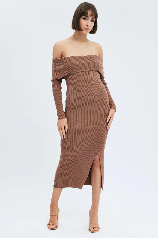 Midi dresses with asymmetric hems for a fashion - forward and dynamic appearance Brown Midi Dress Long Sleeve Off Shoulder Bardot Knit Midi dresses with asymmetric hems for a fashion - forward and dynamic appearance Brown Midi Dress Long Sleeve Off Shoulder Bardot Knit