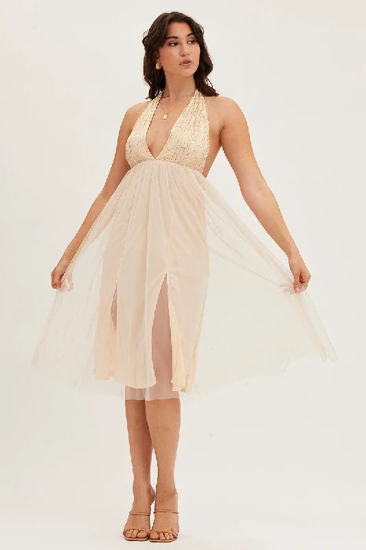 Plaid midi dresses for a fall - themed family gathering Beige Midi Dress Backless V Neck Lace Plaid midi dresses for a fall - themed family gathering Beige Midi Dress Backless V Neck Lace