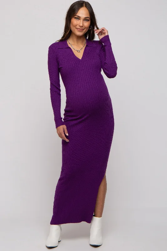 Maternity dress for a baby's first visit to the fair Purple Rib Knit Collared Maternity Maxi Dress Maternity dress for a baby's first visit to the fair Purple Rib Knit Collared Maternity Maxi Dress