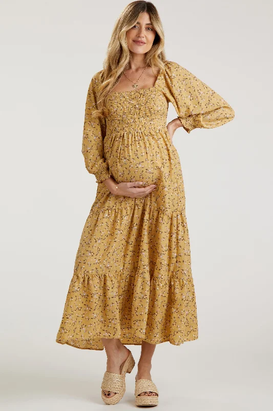 Maternity dress for a baby's dedication Yellow Floral Smocked Long Sleeve Maternity Maxi Dress Maternity dress for a baby's dedication Yellow Floral Smocked Long Sleeve Maternity Maxi Dress