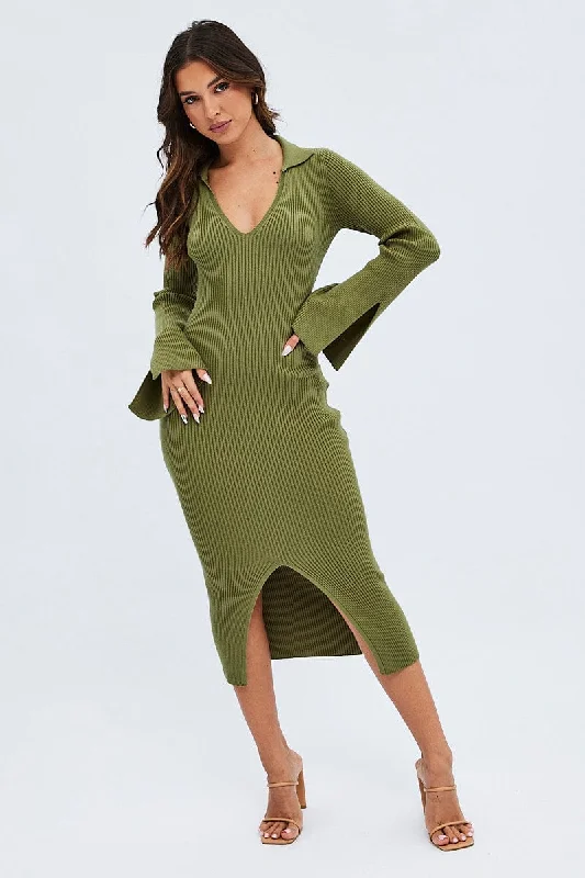 Midi dresses with abstract art prints for an artistic statement Green Midi Dress Long Sleeve V-Neck Collared Knit Midi dresses with abstract art prints for an artistic statement Green Midi Dress Long Sleeve V-Neck Collared Knit