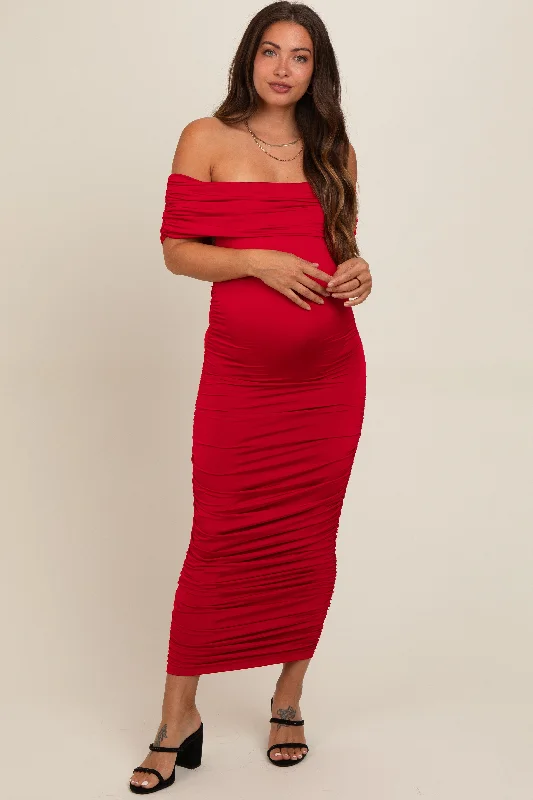 Maternity dress for a baby's first trip to the zoo Red Off Shoulder Ruched Maternity Midi Dress Maternity dress for a baby's first trip to the zoo Red Off Shoulder Ruched Maternity Midi Dress