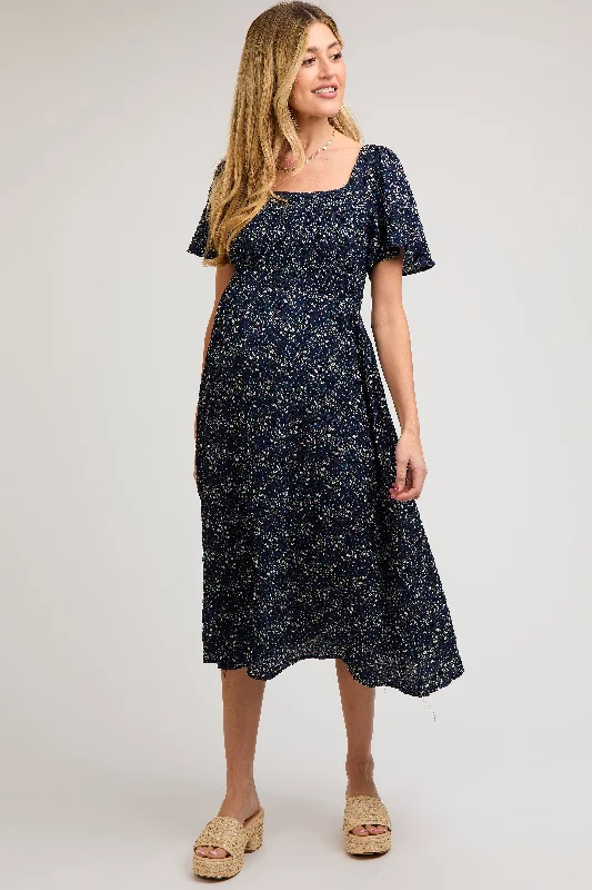 Maternity dress for a baby's first visit to the puppet show Navy Floral Square Neck Smocked Maternity Midi Dress Maternity dress for a baby's first visit to the puppet show Navy Floral Square Neck Smocked Maternity Midi Dress
