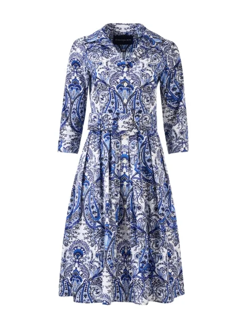 Everyday Dress with Ruffled Collar for a Girly Appeal Audrey White and Blue Paisley Print Stretch Cotton Dress Everyday Dress with Ruffled Collar for a Girly Appeal Audrey White and Blue Paisley Print Stretch Cotton Dress