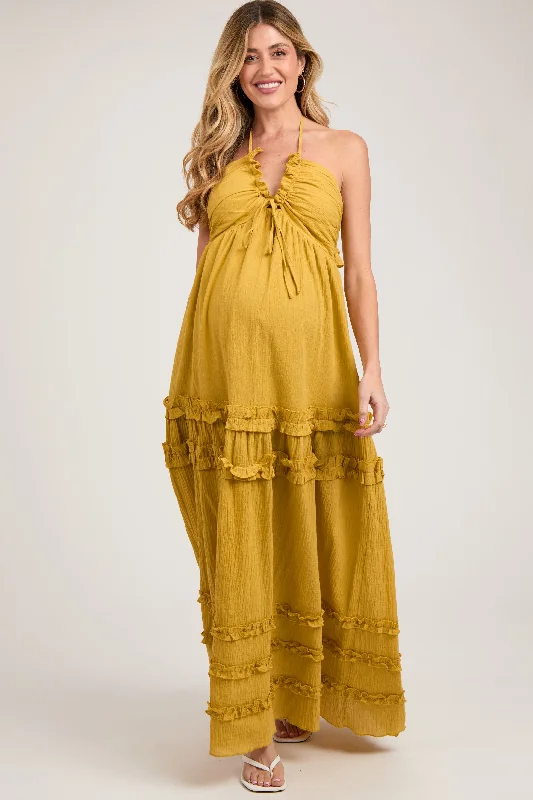 Maternity dress for a coastal vacation Yellow Ruffle Ruched Deep V-Neck Maternity Maxi Dress Maternity dress for a coastal vacation Yellow Ruffle Ruched Deep V-Neck Maternity Maxi Dress