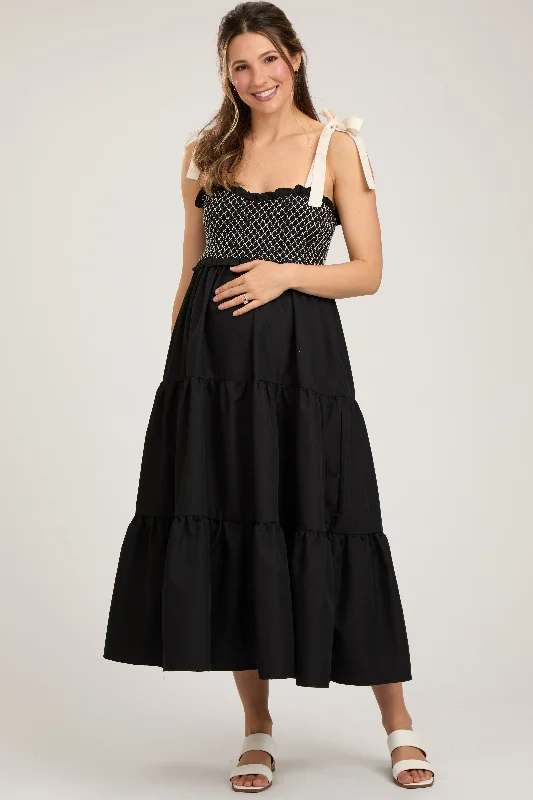 Maternity lace dress for a romantic look Black Sleeveless Tiered Colorblock Strap Maternity Maxi Dress Maternity lace dress for a romantic look Black Sleeveless Tiered Colorblock Strap Maternity Maxi Dress