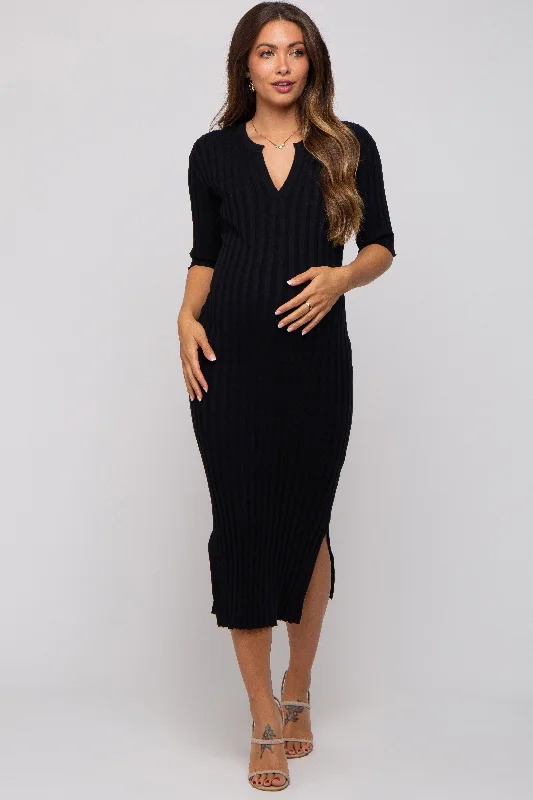 Maternity dress for a christening Black Ribbed Knit Maternity Midi Dress