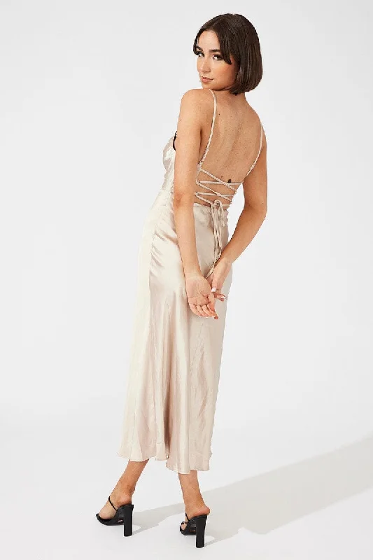 Midi dresses with gathered skirts for a full and flowing silhouette Beige Midi Dress Sleeveless Cowl Neck Satin Slip Lace Midi dresses with gathered skirts for a full and flowing silhouette Beige Midi Dress Sleeveless Cowl Neck Satin Slip Lace