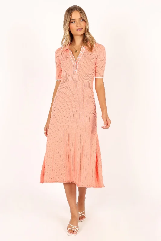 Midi dresses with pleated bodices for a classic and tailored look Diana Midi Dress - Coral Midi dresses with pleated bodices for a classic and tailored look Diana Midi Dress - Coral