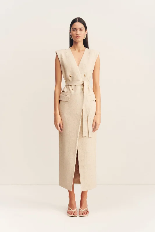 Midi dresses with mesh inserts for a trendy and breathable option NEWMAN SLEEVELESS BLAZER MIDI DRESS - PARCHMENT