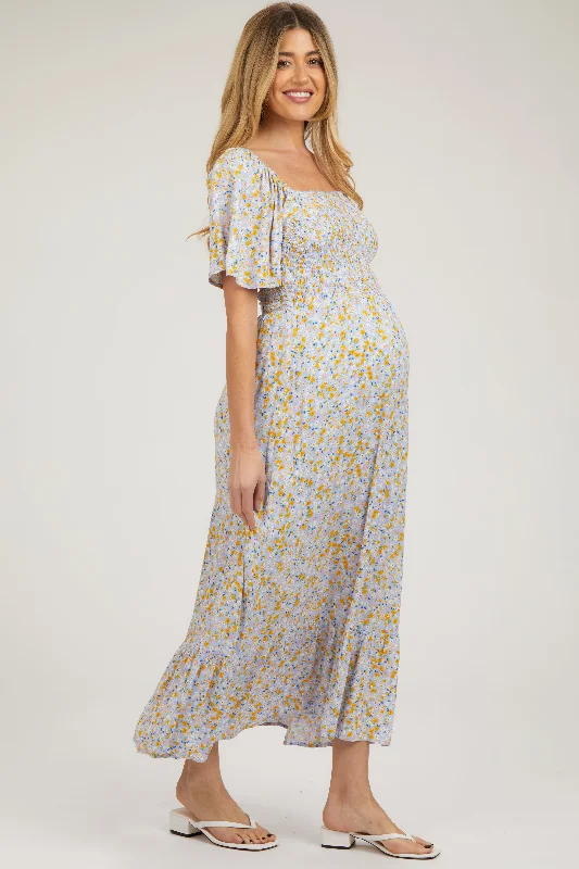 Maternity dress for a baby's naming ceremony Light Blue Floral Smocked Maternity Maxi Dress Maternity dress for a baby's naming ceremony Light Blue Floral Smocked Maternity Maxi Dress